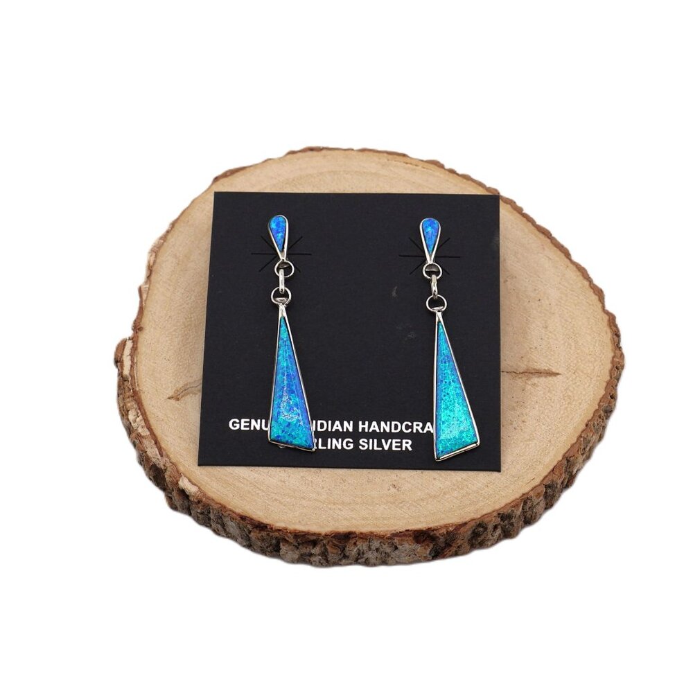 Zuni Offset Triangle Dangle Earrings Sterling Silver Opal Native‎ American**